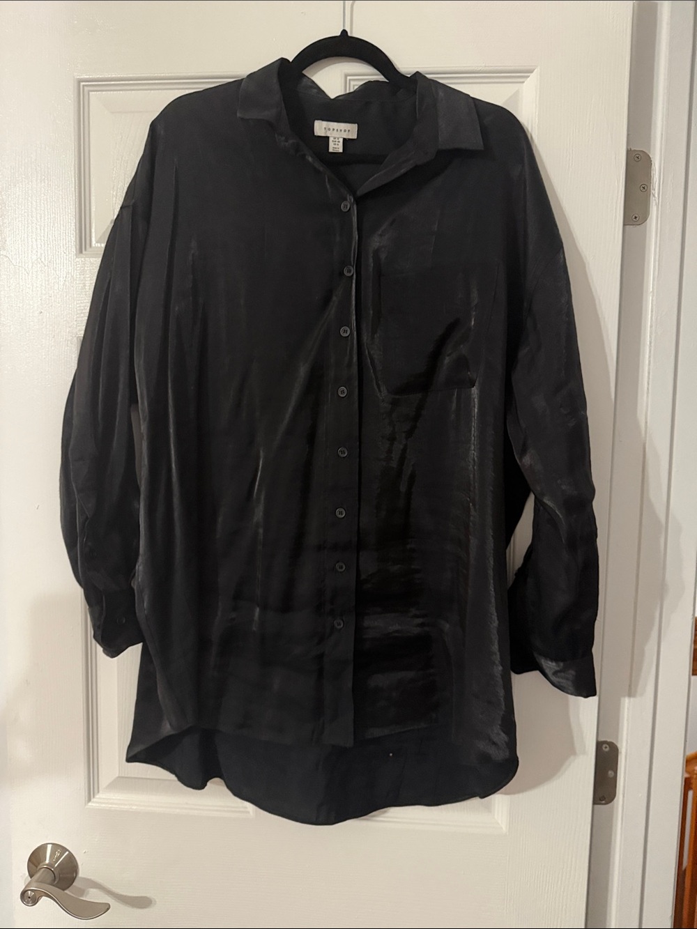 Topshop Women’s Black Button-Up Satin Tunic Blouse